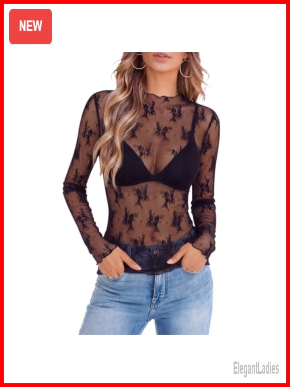 Sheer Floral Lace Mesh Top Long Sleeve Fitted Blouse for Layering